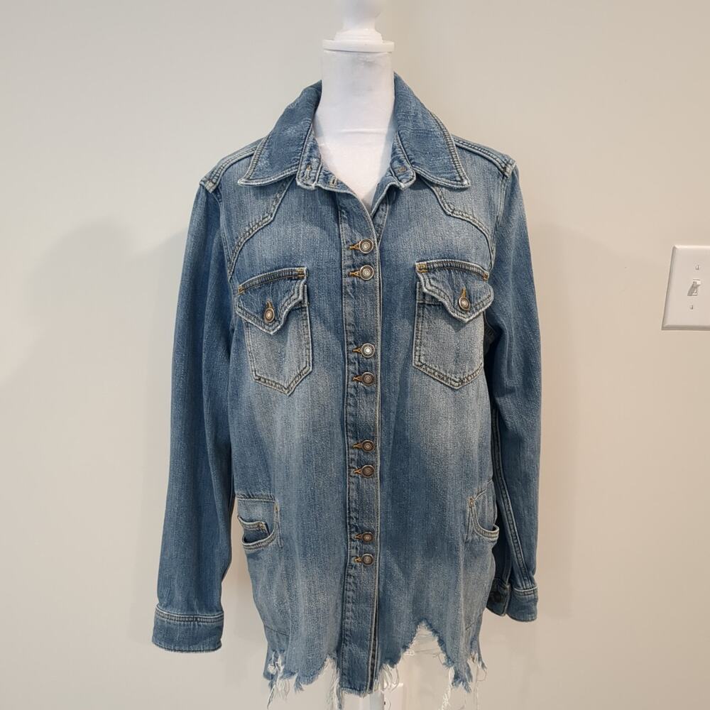 Free People Distressed Denim Jacket Oversized Blue Button Up Long Sleeve Size S